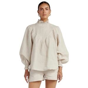DISSH Ava Natural High Neck Sleeved Sleeve 100% Linen Blouse Size 12